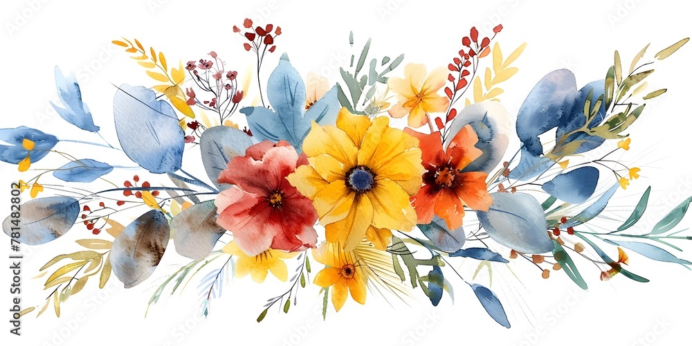 Vibrant Watercolor Bouquet of Autumn Leaves and Wildflowers on Peaceful White Background