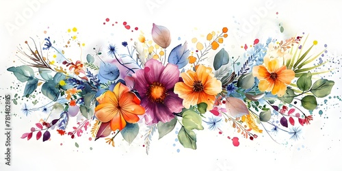 Watercolor Bouquet of Vibrant Wildflowers and Lush Greenery on White Background