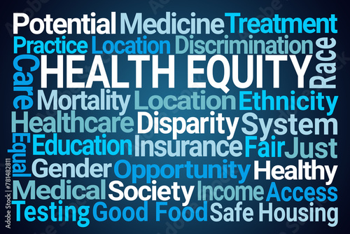 Health Equity Word Cloud on Blue Background