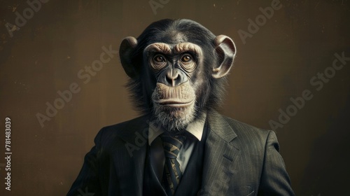 Sophisticated chimpanzee dressed in a business suit posing on a dark background