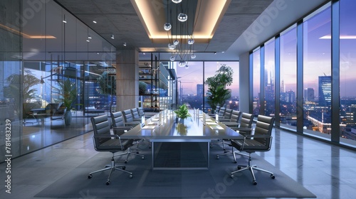 Modern conference room with oval table, chairs, laptops, big window AI generated