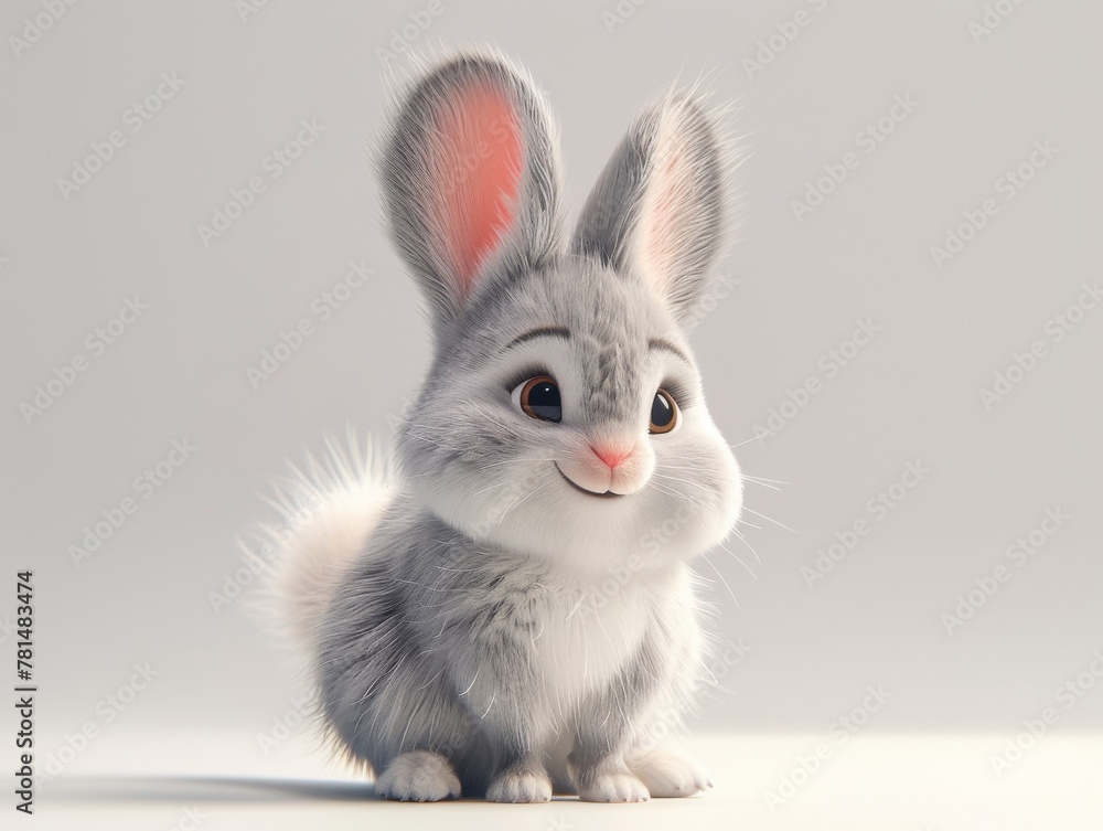 Charming kawaii baby rabbit vector, fluffy tail, ears perked up, sitting, clean and cute, on a stark white background