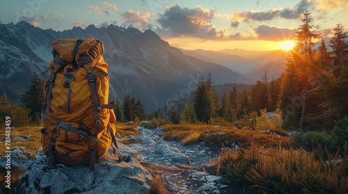 Majestic sunrise over mountains with backpack in foreground