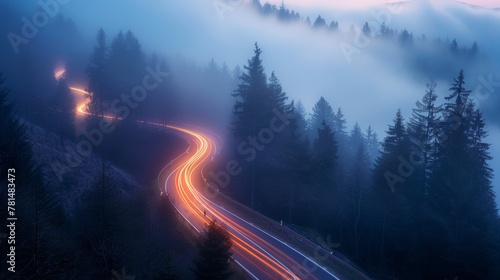Misty mountain road at twilight