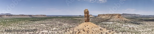 Drone panorama of the landscape around the famous Vingerklip rock needle in northern Namibia during the day