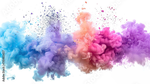 Multi colored smoke bomb explosion emitting on white background photo