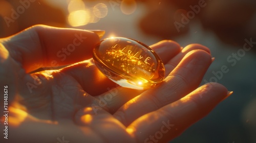 Close up, ultra realistic view of a capsule inscribed with love, delicately held in a womans finger, detailed macro shot