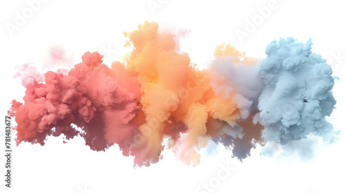 Multi colored smoke bomb explosion emitting on white background
