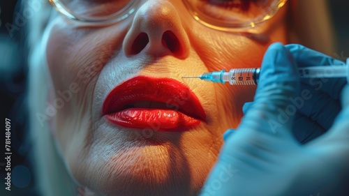 A woman is getting a shot in her mouth photo