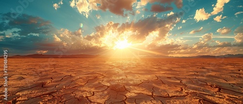 Desert landscape under scorching heat, wide shot, mirage effect, extreme weather, survival theme photo