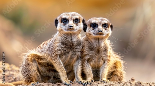 Two meerkats perched on a rock