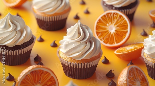 Dessert inspired abstract sketch, casual style, with orange slices and cupcakes in orange, chocolate, and vanilla photo