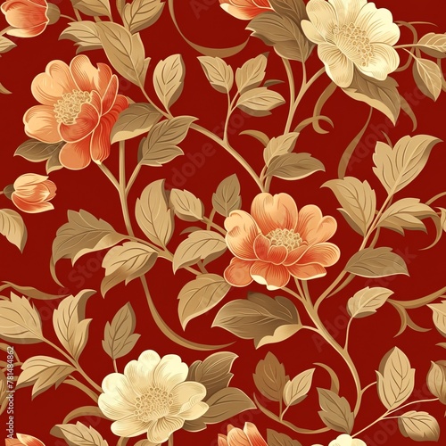Golden leafs and flowers with red background wallpaper
