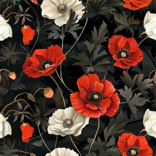 Poppy flower wallpaper with a black suede like background