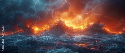 Elemental fury unleashed, wide shot, stormy seas and lightning, natures raw power, dramatic style