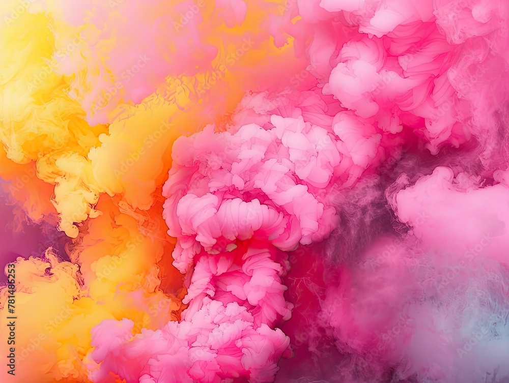 Neon pink and yellow smoke clouds colliding in vibrant chaos