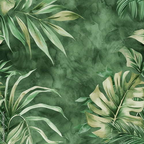 Green colored suede like wallpaper with jungle leaf pattern seamless