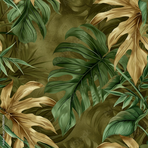 Dark greenish colored suede like wallpaper with jungle leaf pattern seamless