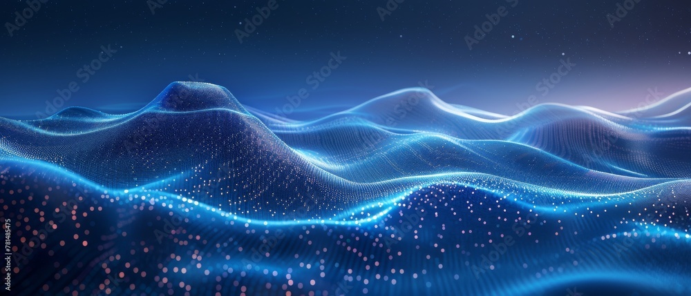 Delve into a mesmerizing blue abstract pattern or digital data abstract background, intricately crafted with line and dot work The composition features luminous 3D objects and high horizon lines - obrazy, fototapety, plakaty 