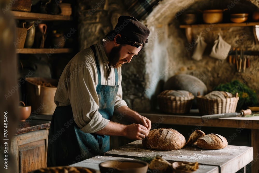 A baker in a rustic kitchen preparing bread, A baker is preparing bread, AI generated A baker in a rustic kitchen preparing bread, A baker is preparing bread, AI generated