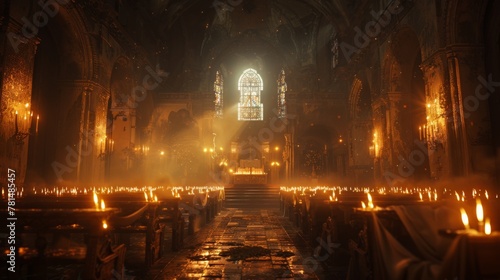 Exorcism ritual in an ancient church, medium shot, dim lighting, suspenseful, historical drama style photo