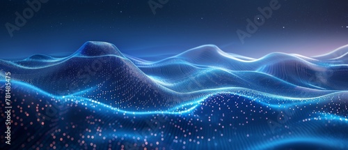 Delve into a mesmerizing blue abstract pattern or digital data abstract background, intricately crafted with line and dot work The composition features luminous 3D objects and high horizon lines