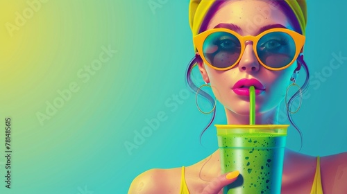 Flat color, minimal vector art, pop vintage woman in sunglasses, green detox smoothie in hand