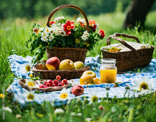 A close up of a picnic basket with fruit and flowers, picnic