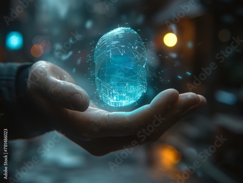 Holographic IDEA text floating above a businessmans hand, futuristic concept photo