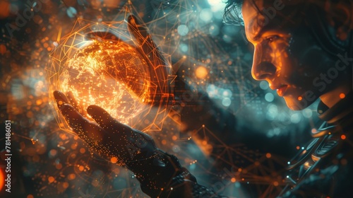 Human Cyber style illustration, a hologramic man engaging with a sphere, detailed in the manner of medical imaging films, inspired by Matt Fractions thematic elements photo