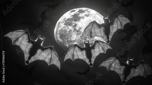 Hyper realistic bats in flight, vintage moon backdrop, stark white on black, detailed contrast