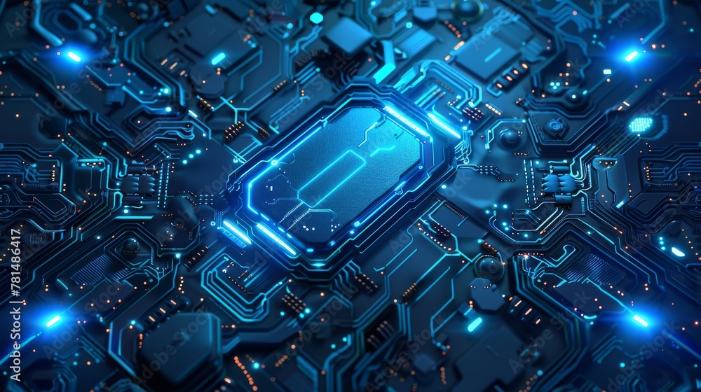 an artificial intelligence theme The majority of the image remains blank, with a dull dark blue color scheme and low saturation, while a glowing pale blue circuit board decoration adorns the edges an artificial intelligence theme The majority of the image remains blank, with a dull dark blue color scheme and low saturation, while a glowing pale blue circuit board decoration adorns the edges