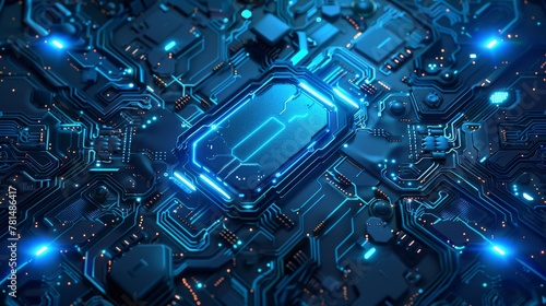 an artificial intelligence theme The majority of the image remains blank, with a dull dark blue color scheme and low saturation, while a glowing pale blue circuit board decoration adorns the edges