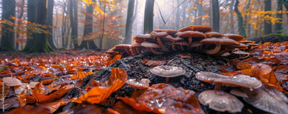 Panoramic view of mushrooms growing on a tree stump among fallen leaves in a misty autumn forest