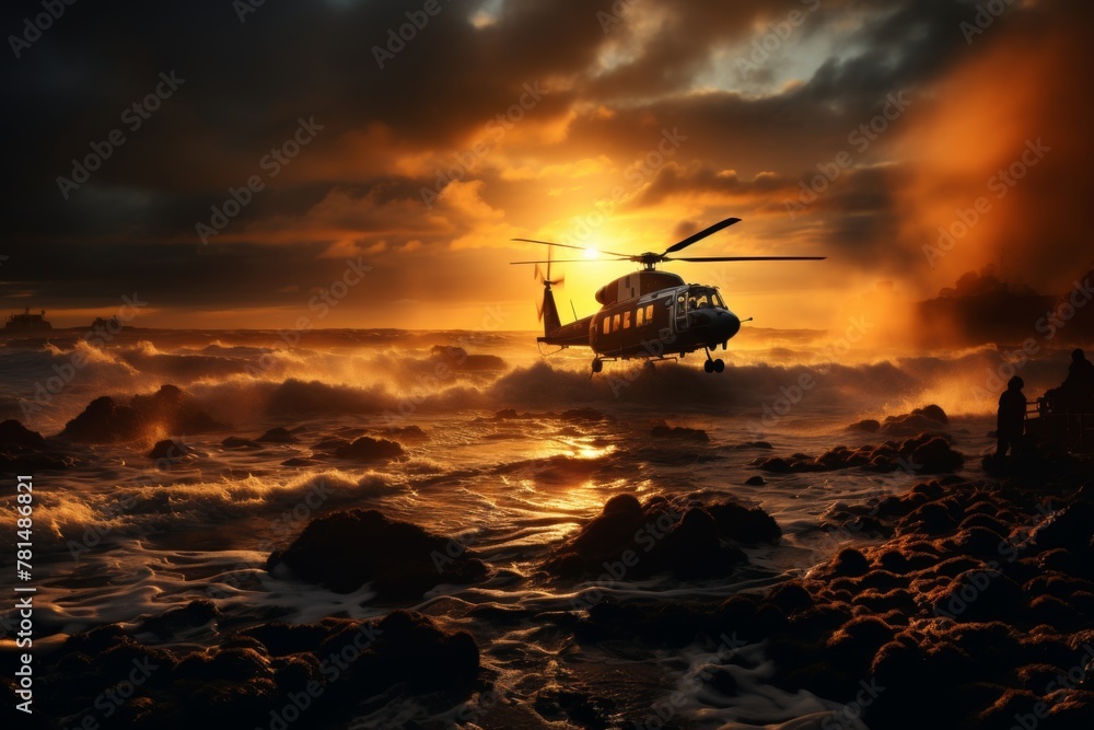 A dynamic and intense scene capturing the urgency and coordination of a water rescue operation, with a rescue team navigating through water as a hovering helicopter stands ready to provide support.
