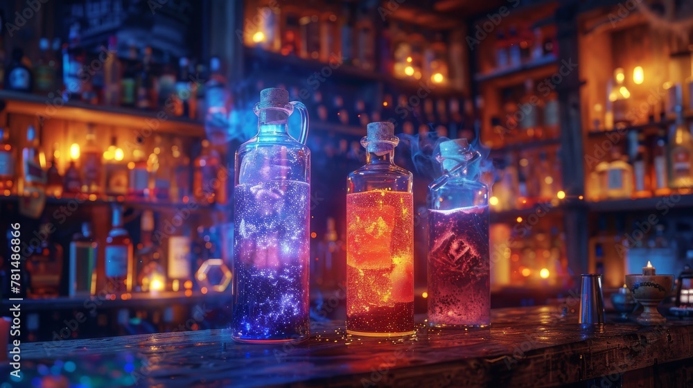 Mystic mixology potions on an old bar, close up, glowing ingredients, magical atmosphere