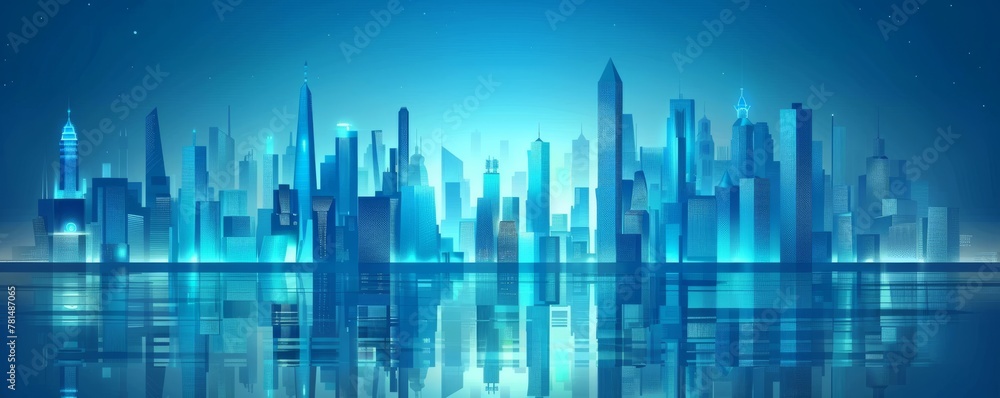Futuristic city skyline at night with reflection