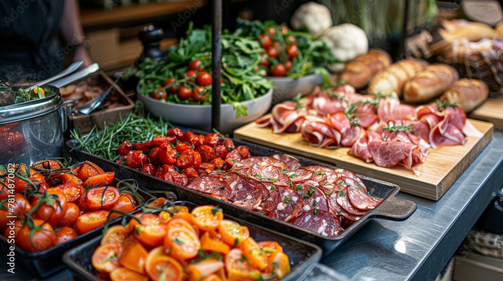 Prepared dishes on a counter, showcasing a feast made from the freshest produce and meats