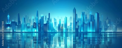 Futuristic city skyline at night with reflection