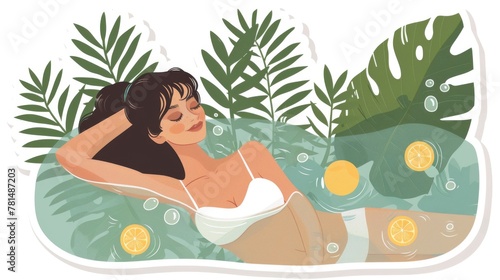Playful sticker of a woman enjoying a spa day, simple flat design, pastel colors, on white, depicting relaxation and self love