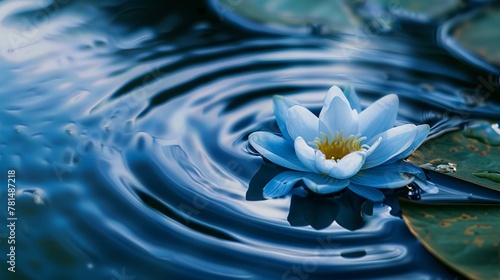 A single blue and white flower floating on a rippling blue pond. 