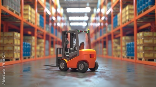Empty forklift in warehouse aisle photo