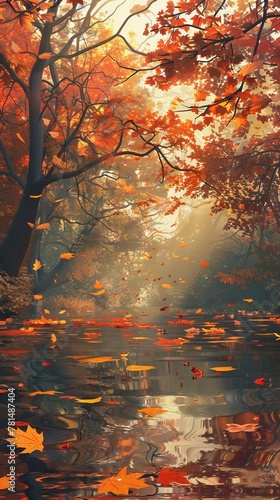 Magical autumn landscape with vibrant foliage and a serene reflective lake