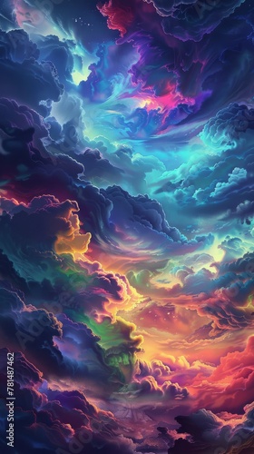 Vibrant and colorful digital artwork of an ethereal sky with fantastical clouds