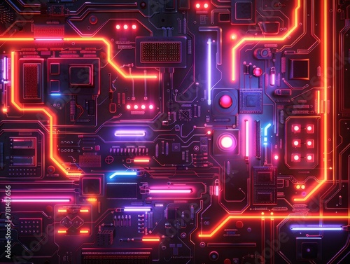 Sci fi circuits in neon lights, richly colored line art on black, glowing futuristic design