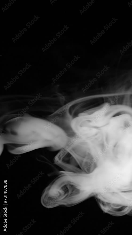Natural white smoke in slow motion on black background. Vertical video.