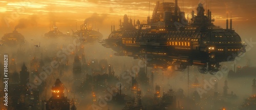 Steampunk cityscape, wide angle, industrial machines and airships, sepia tones, imaginative future past