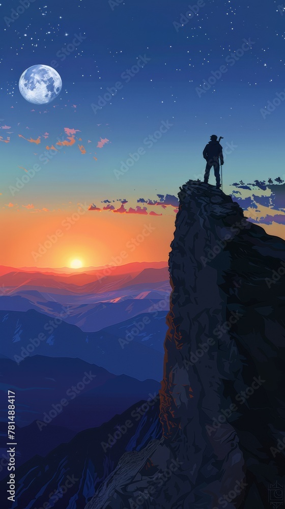 Sunrise summit - adventure at dawn with moon