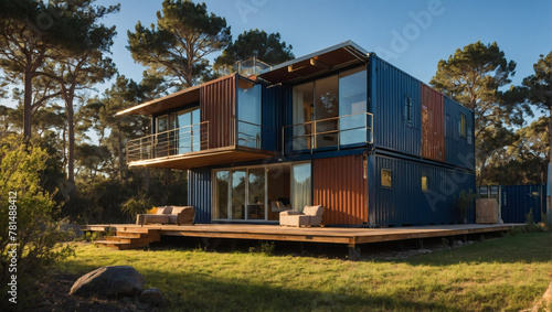Innovative shipping container residence, blending sustainability with modern design, bathed in sunlight against a clear blue sky. © xKas