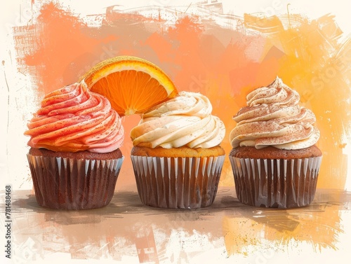 Sweet treats abstract sketch, orange slice, cupcakes, in orange, chocolate, and vanilla hues, casual style photo